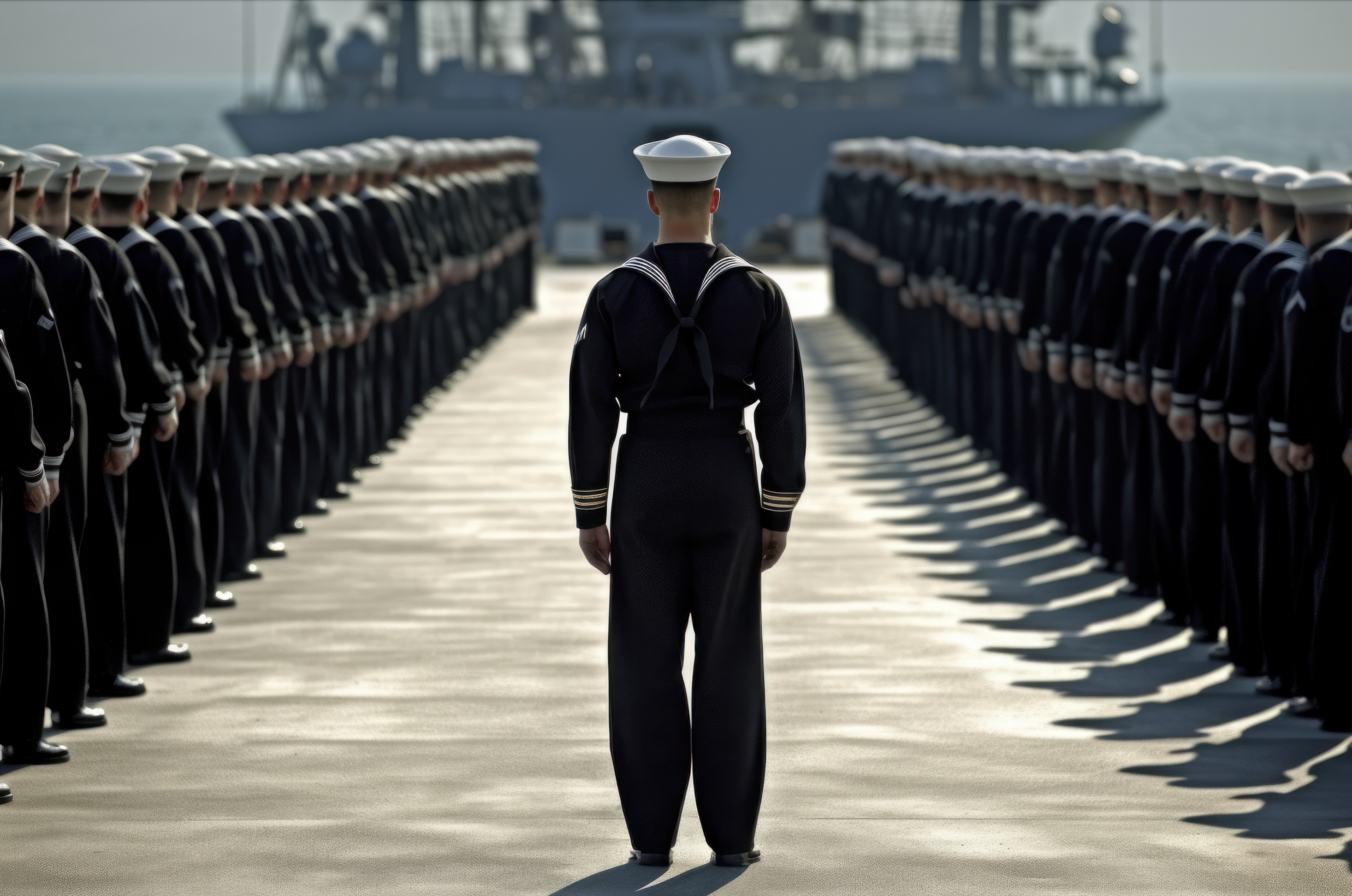 U.S. Navy sailor standing at attention before a formation, with a warship in the background
