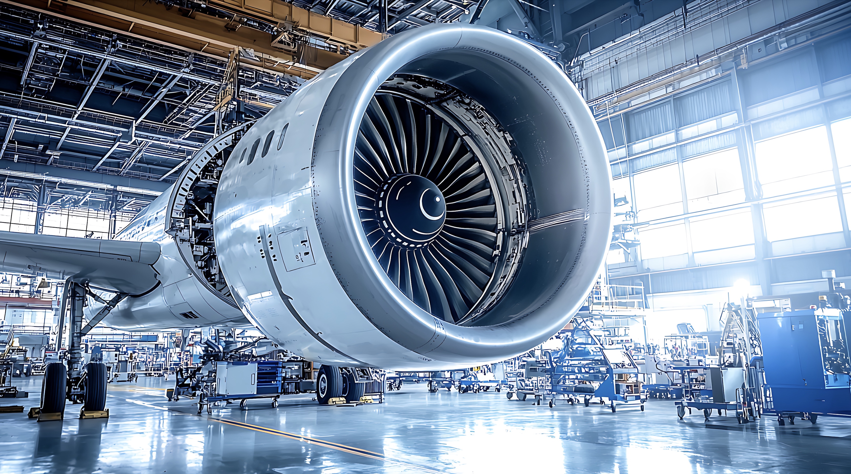 Aircraft engine in aerospace maintenance hangar