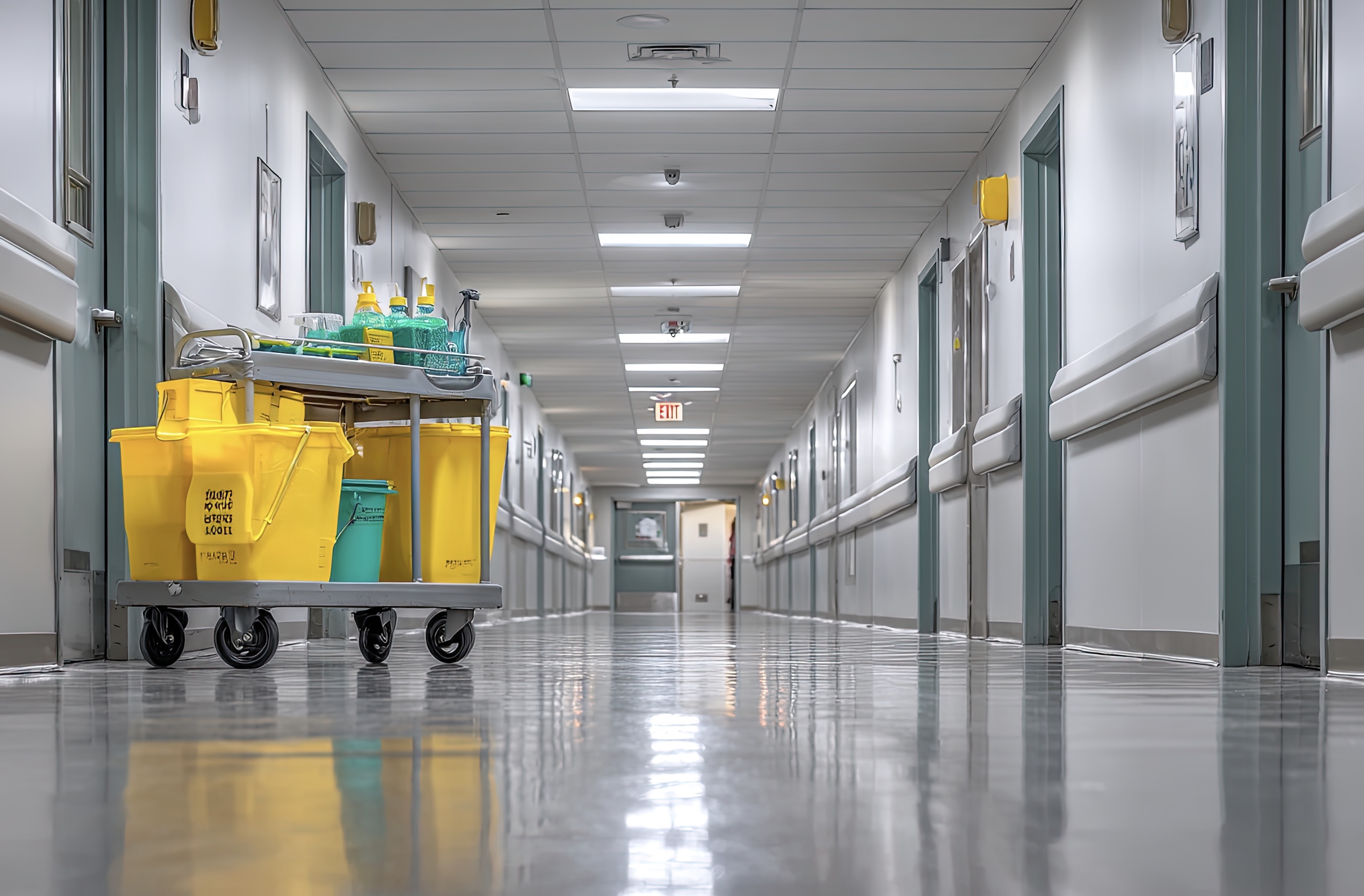 Supply cart in a hospital corridor